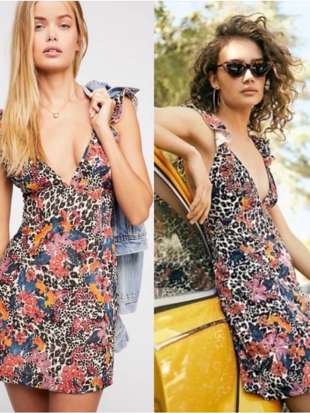 Floral Leopard Print V-Neck Mini Dress